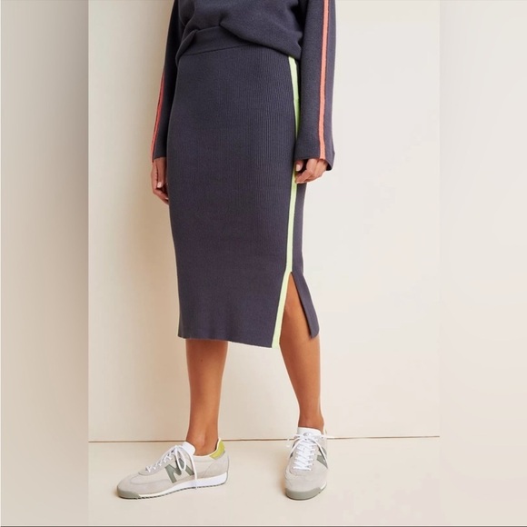 Anthropologie Ribbed Knit MIDI Slit Skirt Neon Trim Stripe Size L - Picture 1 of 9